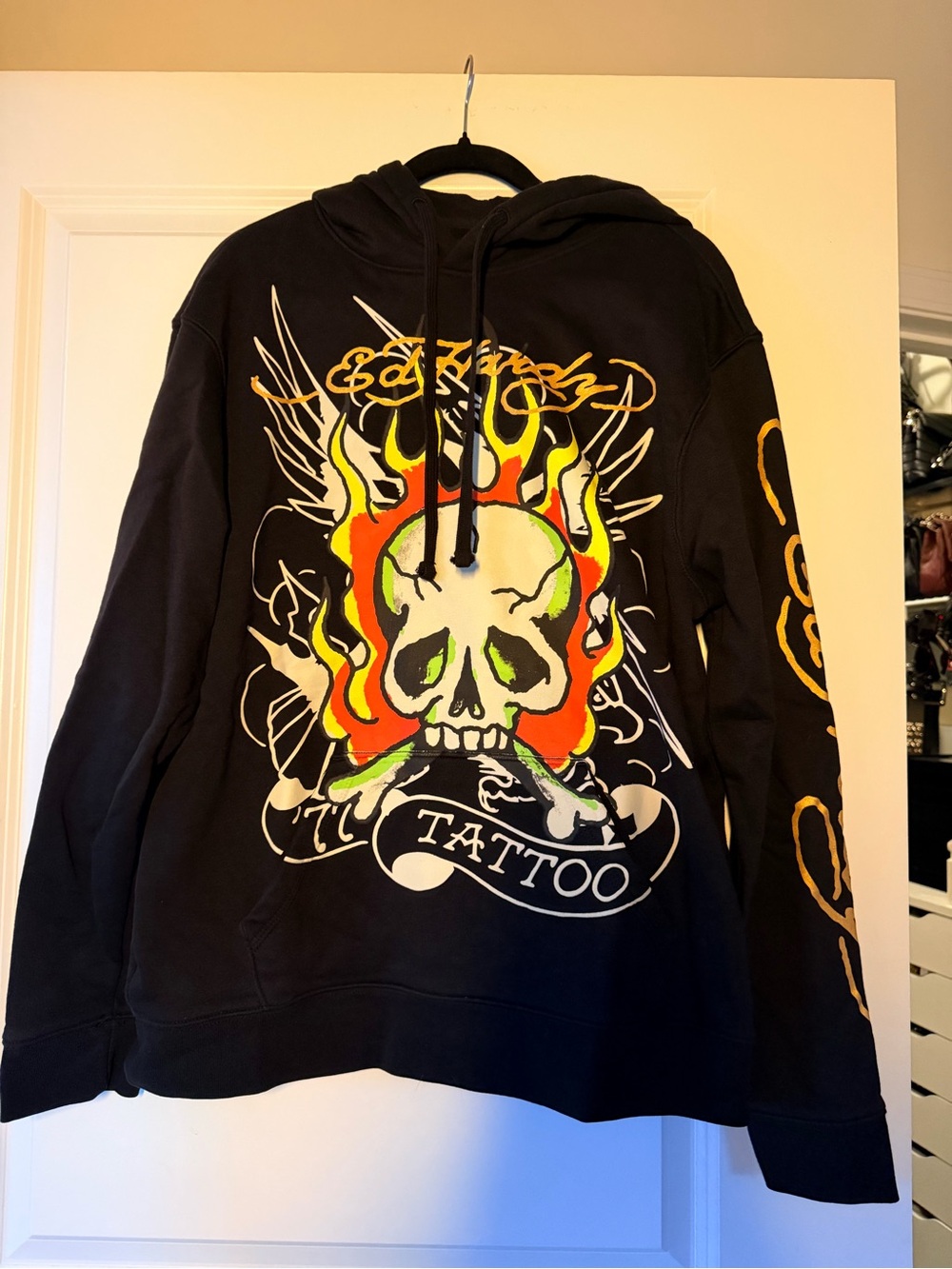 MENS Ed Hardy Black Hoodie with Neon Skull and Flame Graphic
